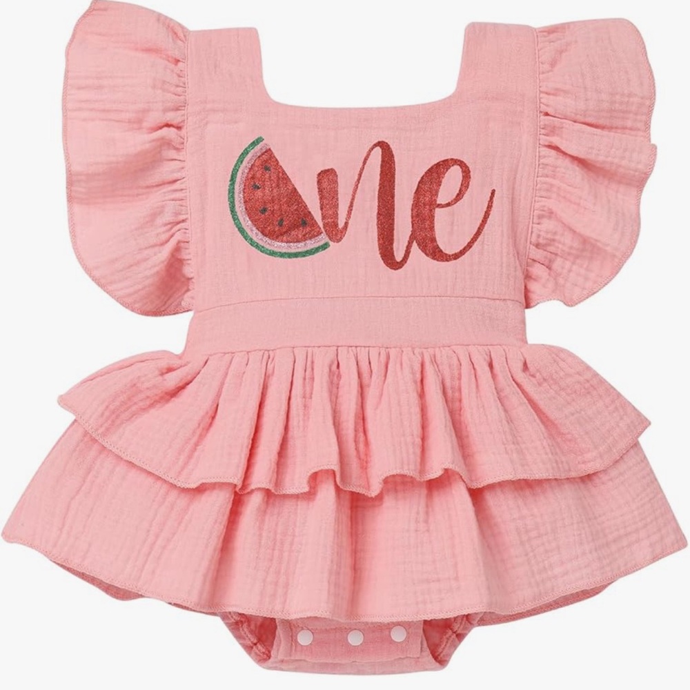Pink Ruffled Baby Dress with Watermelon Design one in a melon